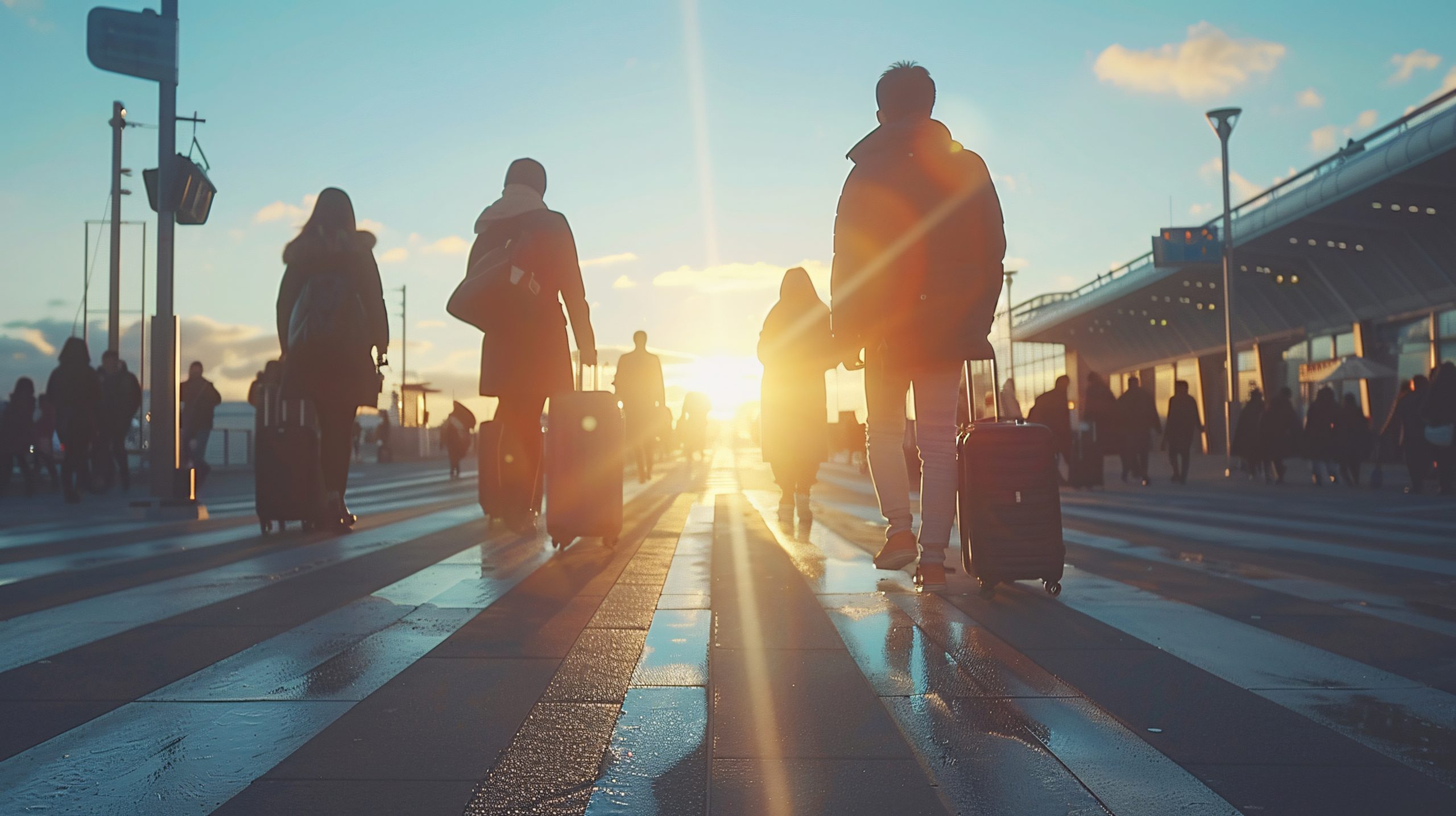 Une famille sur le départ avec des valises se dirigeant vers un aéroport
